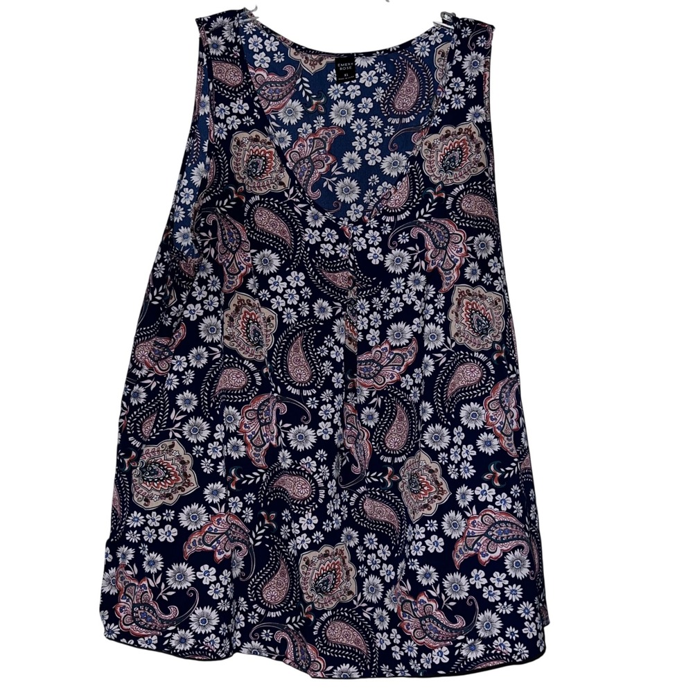 Emery Rose Womens XL Navy Blue Paisley Floral V-Neck Sleeveless Tank Top Blouse